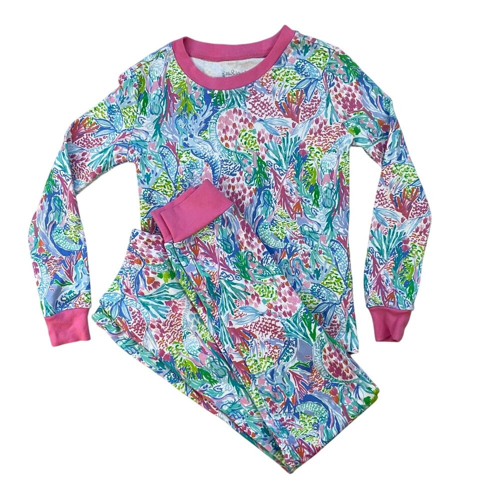 Lilly Pulitzer x Pottery Barn Kids Mermaid Pajama Set Girls Size 8 Pink Blue